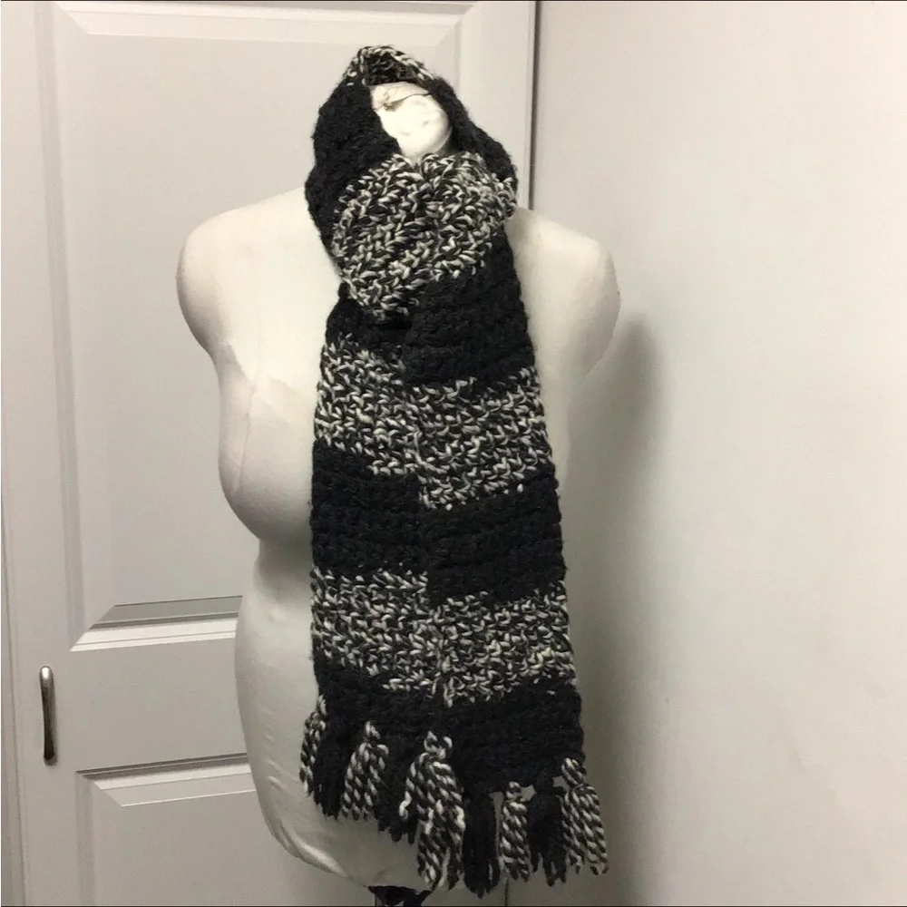 Handmade Unisex Crochet Long Scarf with Tassel Fringe, Charcoal & Ivory, OSFA